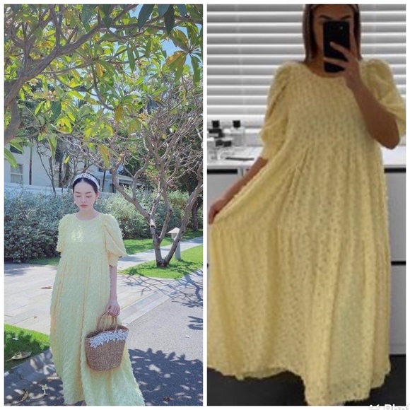 MIDI LOOSE-FITTING TEXTURED DRESS PUFF SLEEVES - Picture 5 of 11